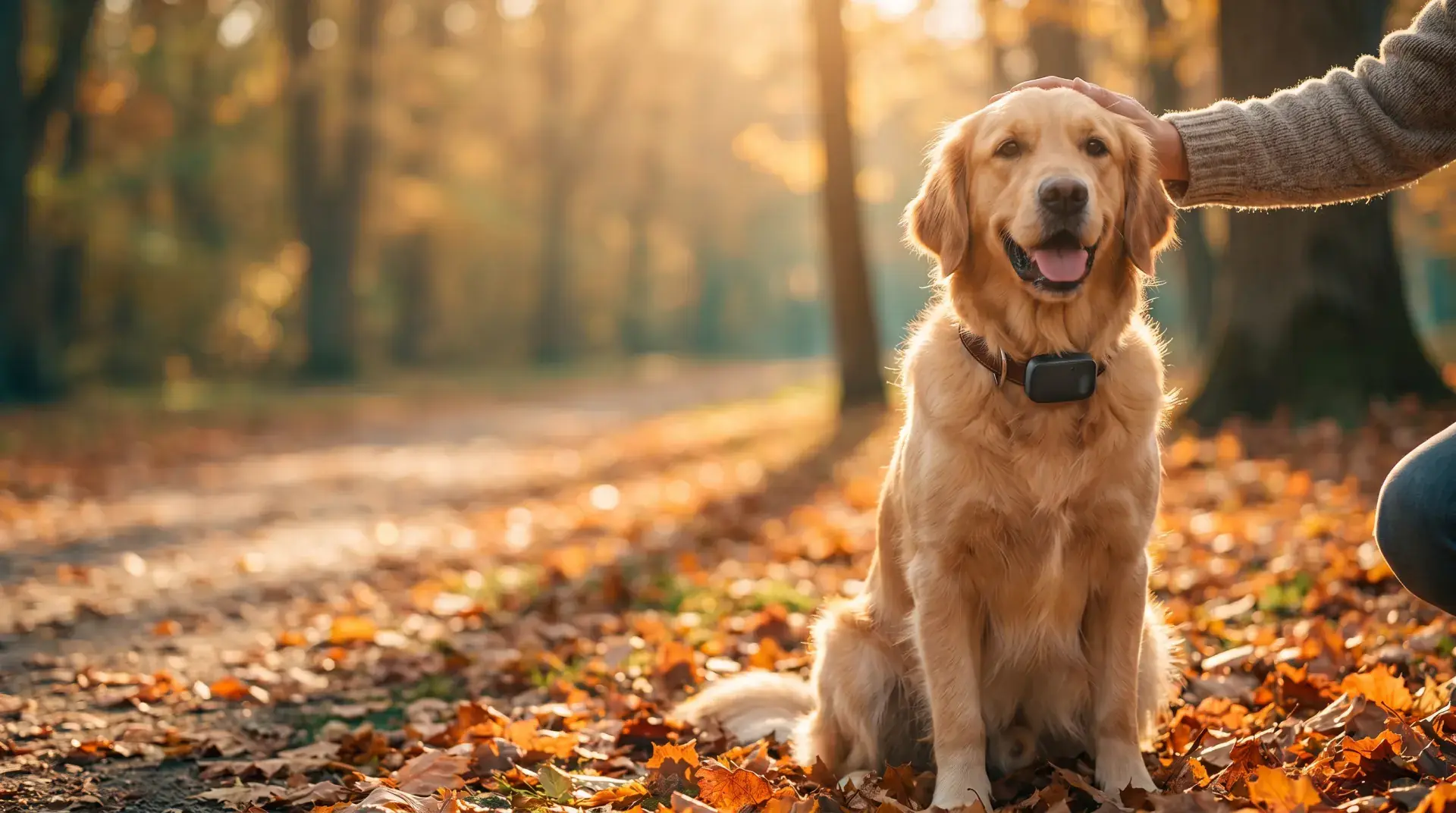 Golden Retriever mit GPS-Tracker am Halsband sitzt im Herbstlaub und wird gestreichelt