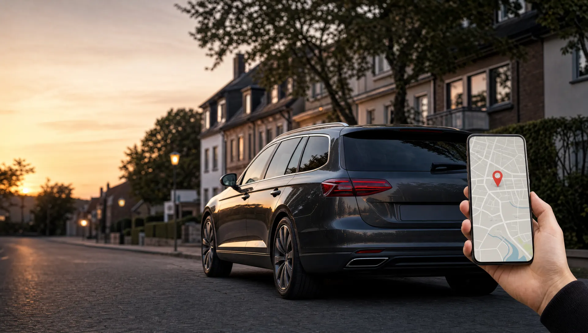 Hand hält Smartphone mit Kartenansicht vor einem geparkten Auto in der Abendsonne