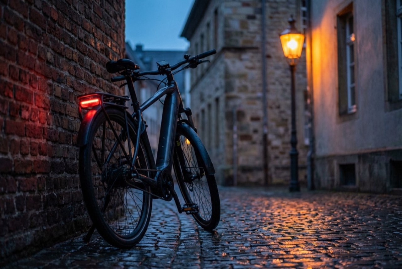 Fahrrad an einer beleuchteten Altstadt-Gasse