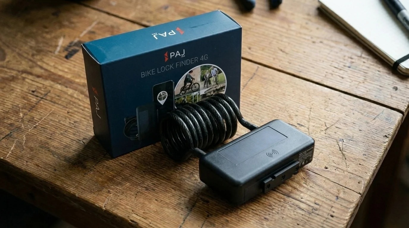 PAJ LOCK BICYCLE Finder 4G mit Verpackung und Spiralkabel-Schloss