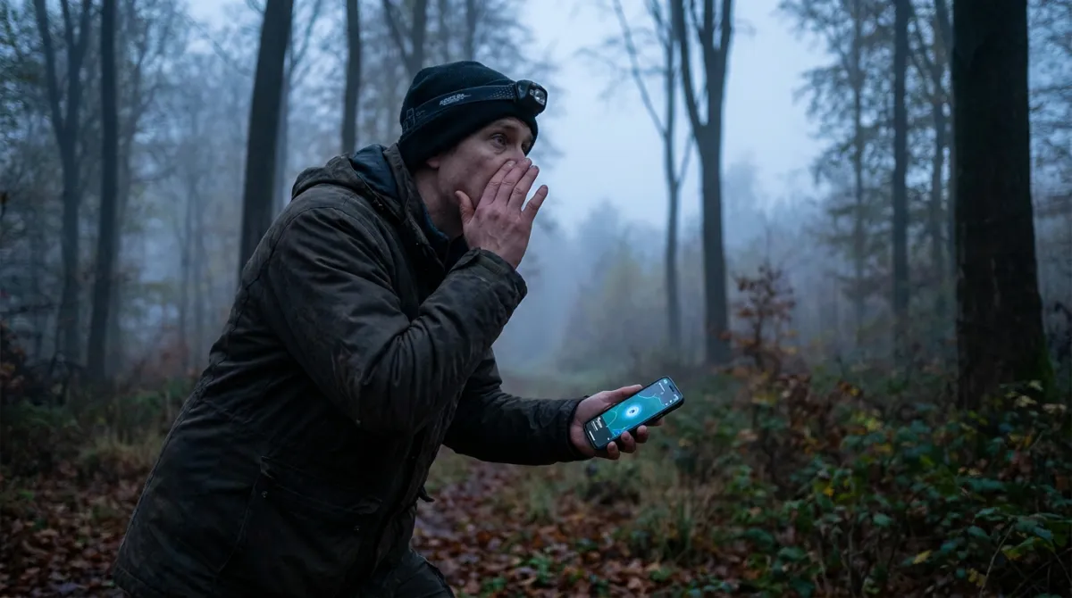 Mann ruft im nebligen Wald nach seinem Hund und schaut auf das Smartphone