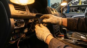 Mechaniker installiert GPS Tracker hinter Autodashboard – GPS Tracker Einbau