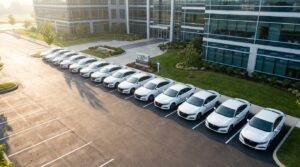 Firmenwagen-Flotte vor Bürogebäude – GPS Tracker Firmenwagen