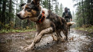 Hundebesitzer schaut auf GPS-App während Hund im Wald läuft – GPS Tracker Hund sinnvoll