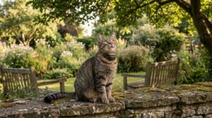 Katze mit GPS-Halsband auf Gartenmauer – GPS Tracker Katze 2026