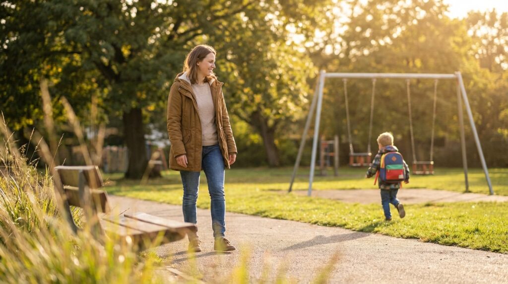 Mutter beobachtet Kind auf Spielplatz – GPS Tracker für Kinder sinnvoll