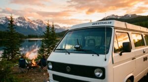 Wohnmobil am Bergsee mit GPS Tracker auf Dashboard – GPS Tracker Wohnmobil