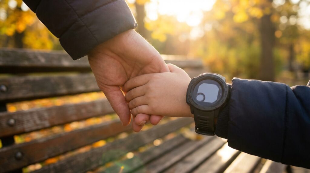 Elternhand hält Kinderhand mit GPS Uhr – Kinderortung legal in Deutschland