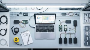 Testarbeitsplatz mit GPS Trackern und Laptop – Testmethodik GPS Tracker